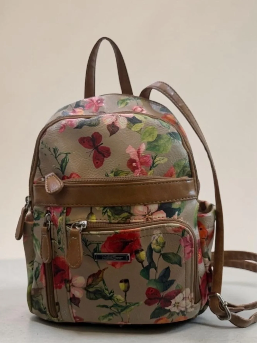 Floral Mini Backpack with Tan Trim - Beige Multicolor